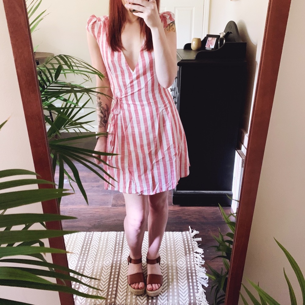 Striped Cap Sleeve Wrap Dress